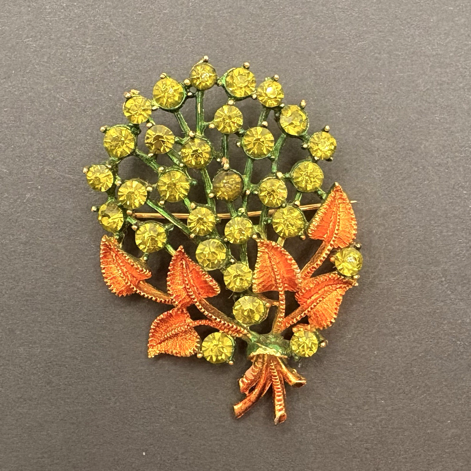Vintage Mamselle Flower Bouquet Brooch Green Rhinestones Copper Tone Leaves 2 25$